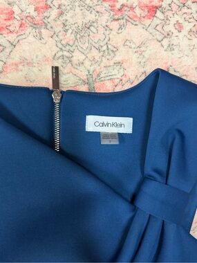 Calvin Klein One-Shoulder Dress in Deep Blue with Bow Detail
